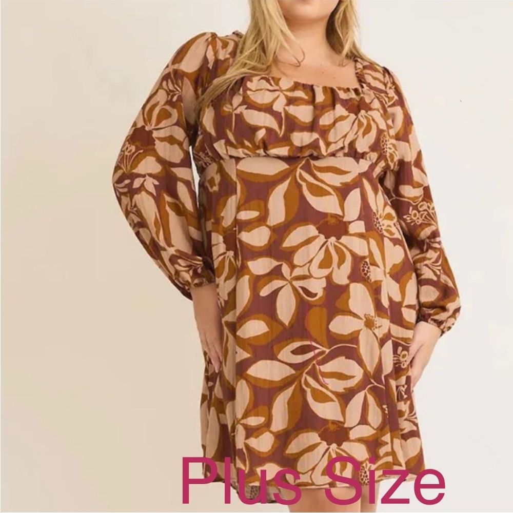 Gilli Floral Plus Size Brown A-Line Back Puff Long Sleeve Dress